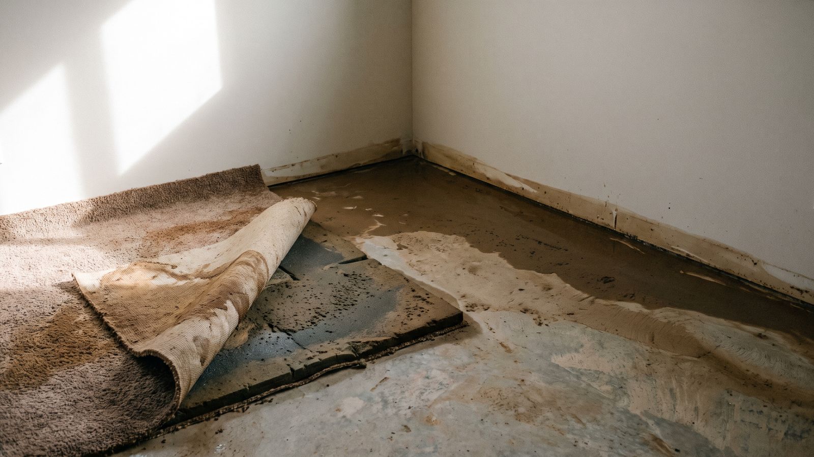 Soaked carpet folded back off silt-stained padding and slab, the first step in category 3 floodwater cleanup in DC homes