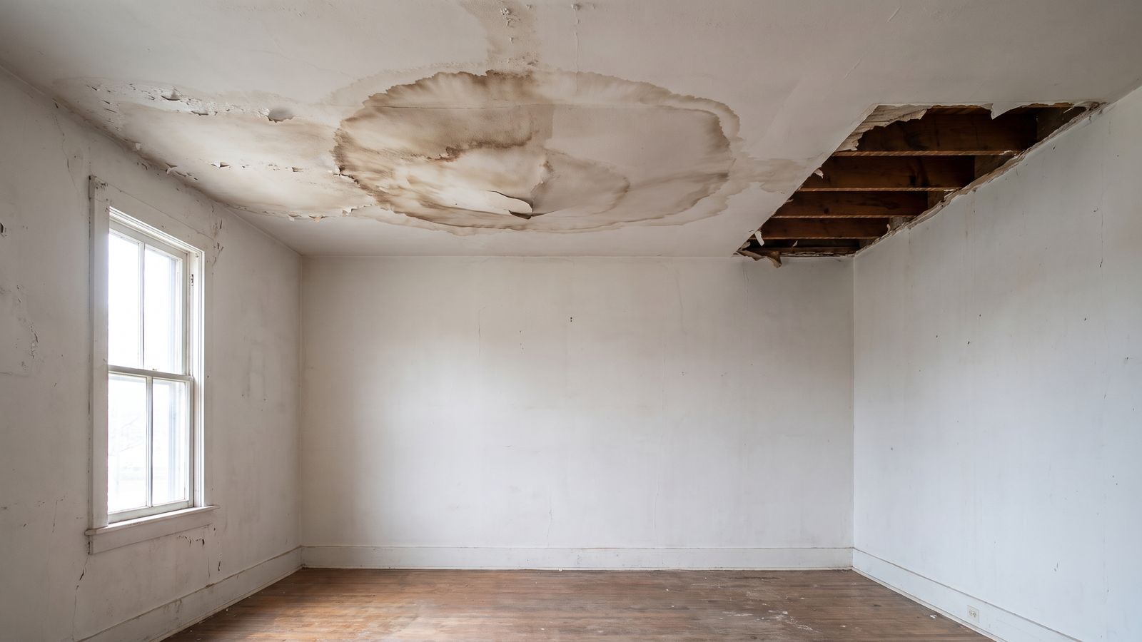 Brown ceiling water stain and a cut-open corner exposing bare joists, a homeowners insurance water damage DC claim