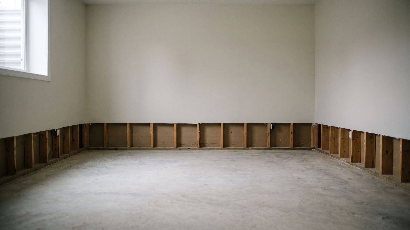 Flood cut drywall removed to bare studs above a swept slab, the finished basement NFIP flood insurance limits