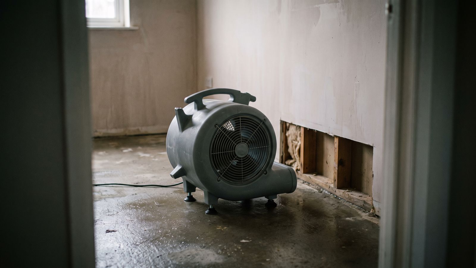 Air mover beside a wall cut open at knee height Air mover on a damp floor beside a wall cut open at knee height after frozen pipes burst in a DC row house