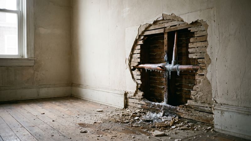Split, ice-glazed copper supply line in an opened plaster wall cavity after frozen pipes in a DC row house