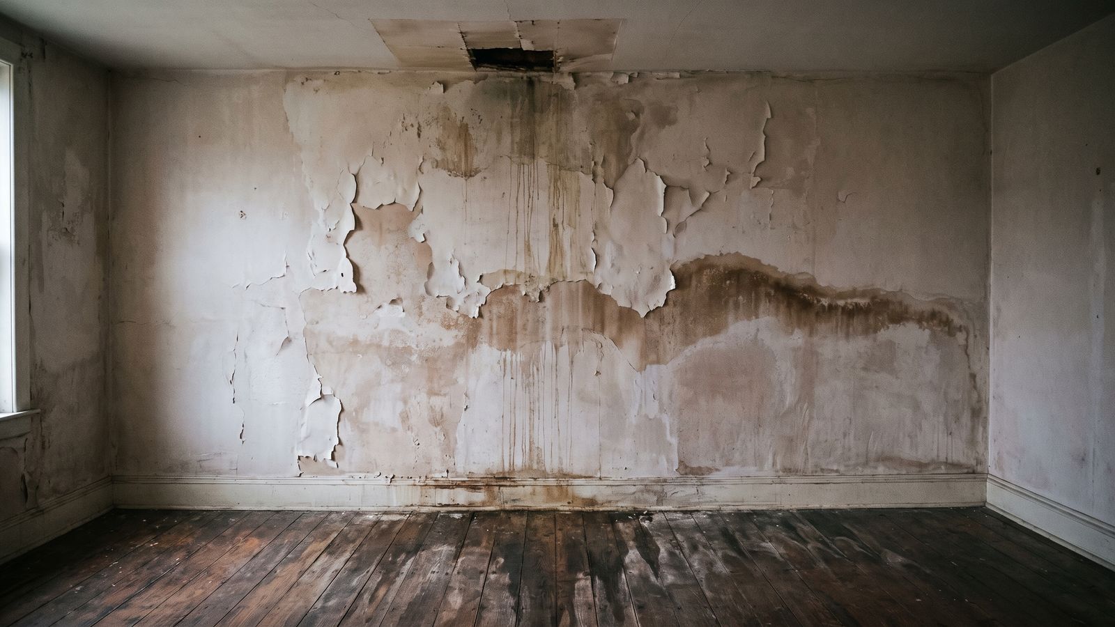 Water tracking down a blistered plaster wall Water tracking down a blistered plaster wall to swollen floorboards after frozen pipes burst in a DC row house