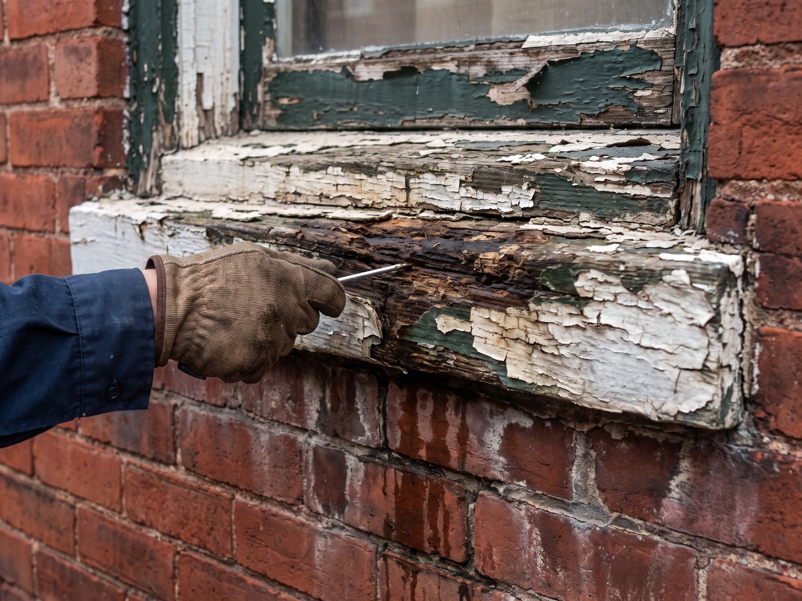 Probing a deteriorated historic window sill Deteriorated wood window sill with peeling paint and water staining on the brick below as a gloved hand probes the wood.