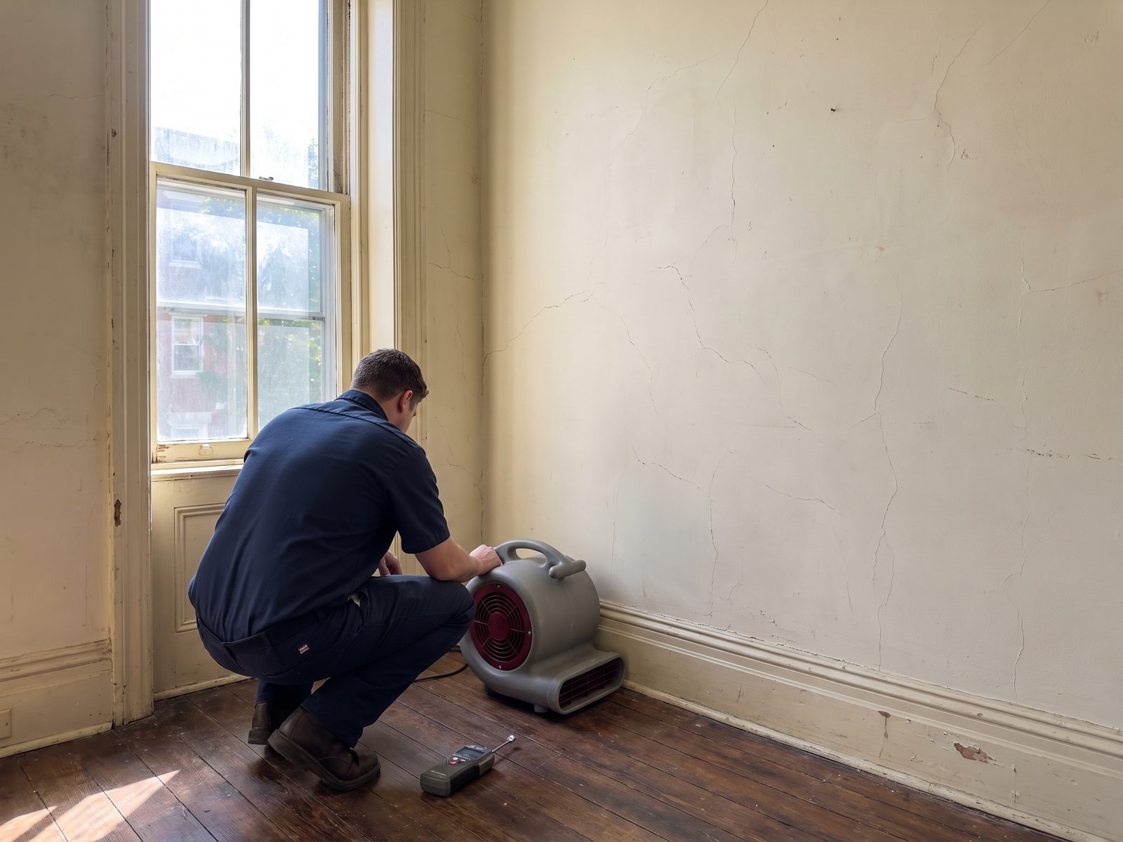 Drying historic plaster from inside the room Low-profile air mover directed along a historic plaster wall with a moisture meter resting on the floor nearby.