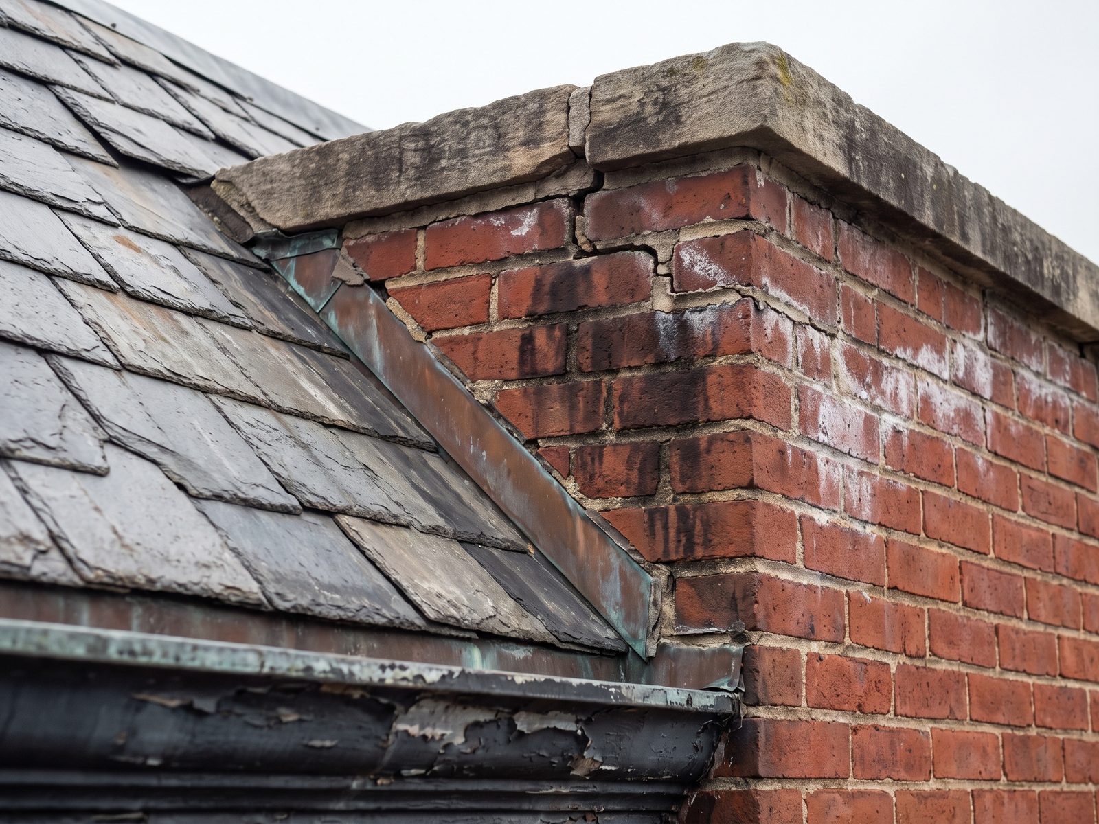 Parapet, coping and cornice on a row house front slope Slate roof slope meeting a brick parapet with a sheet-metal cornice below and damp staining at the coping.