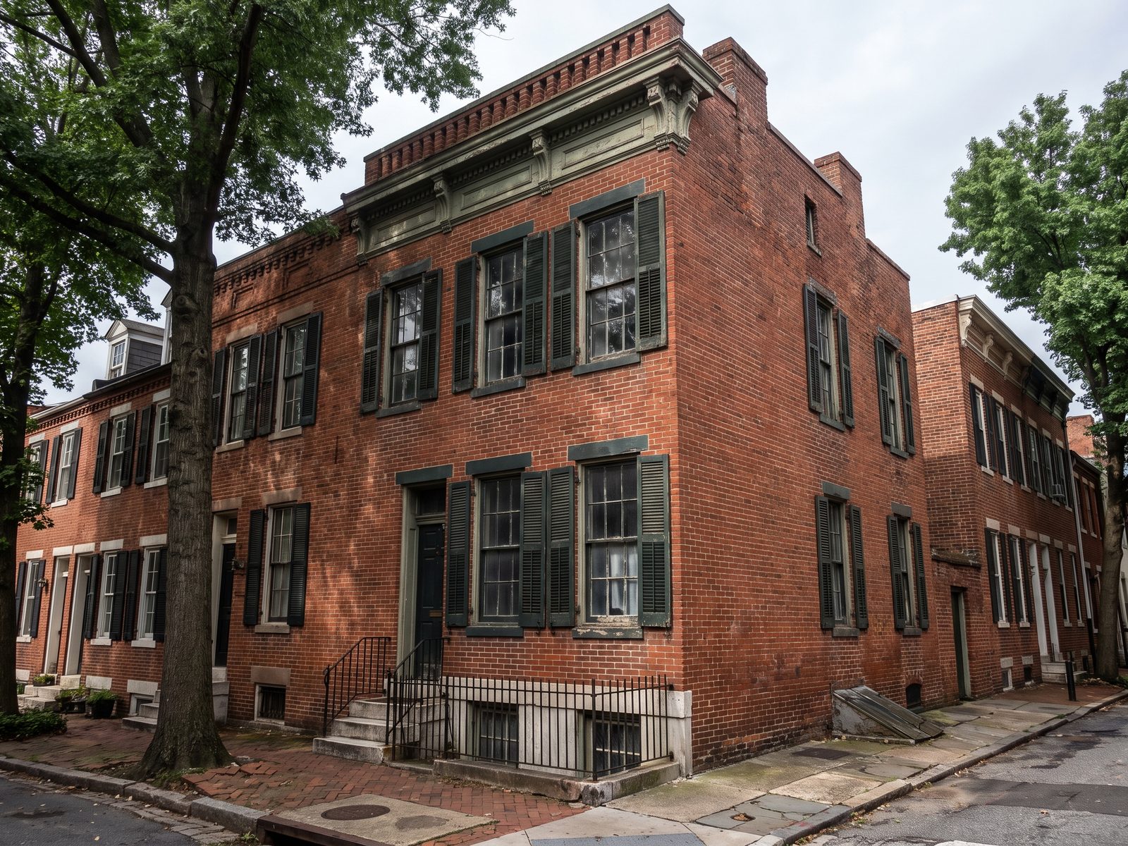 Historic row-house facade with original windows Federal-era brick row house facade with original wood windows and a painted cornice above, in soft morning light.