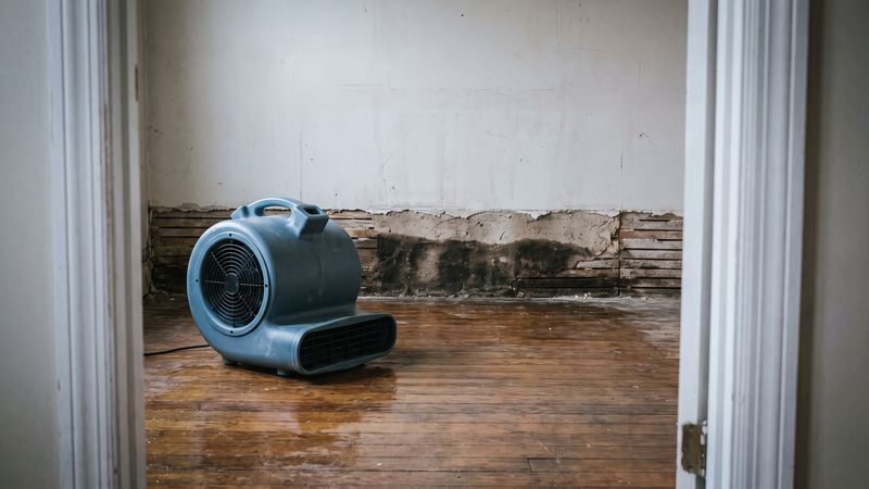Centrifugal air mover drying a damp lath-and-plaster wall and wet plank floor in a DC row house after water damage