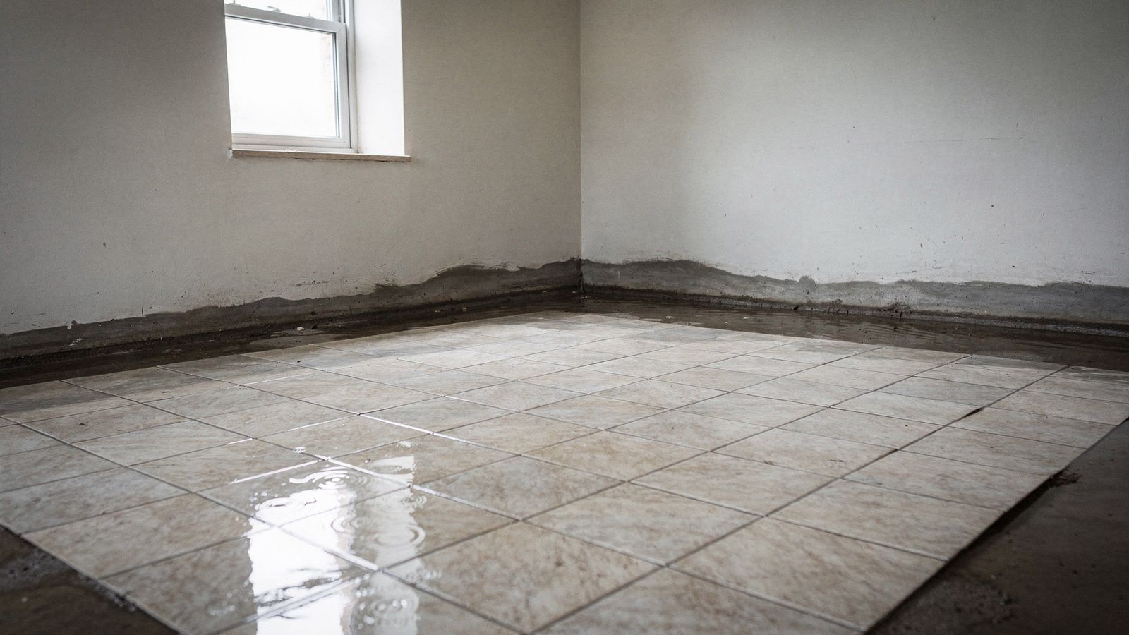 Standing water on a tiled floor after water damage Standing water across a tiled floor in an emptied room, a dark wet band wicking up the painted wall after water damage