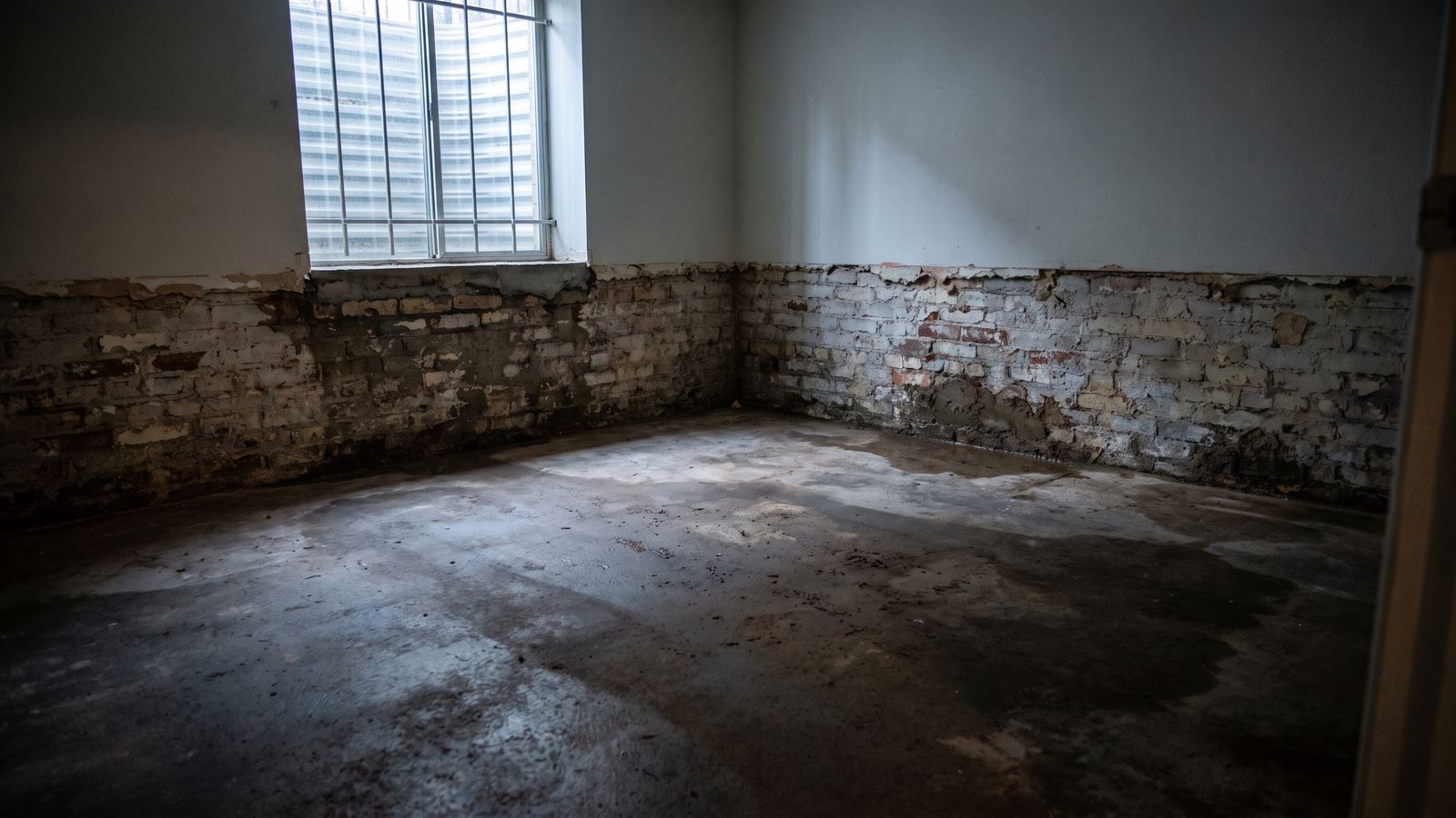 Damp brick behind removed basement wall finish Damp painted brick exposed behind removed basement wall finish after water damage, a drying front visible across the slab
