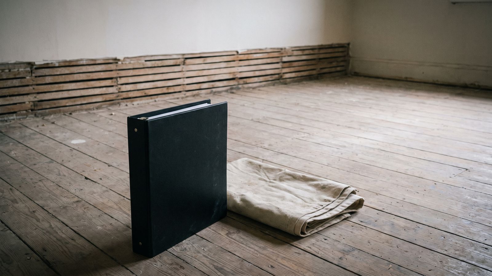 A closed black ring binder stands upright beside a folded canvas drop cloth on bare row-house floorboards