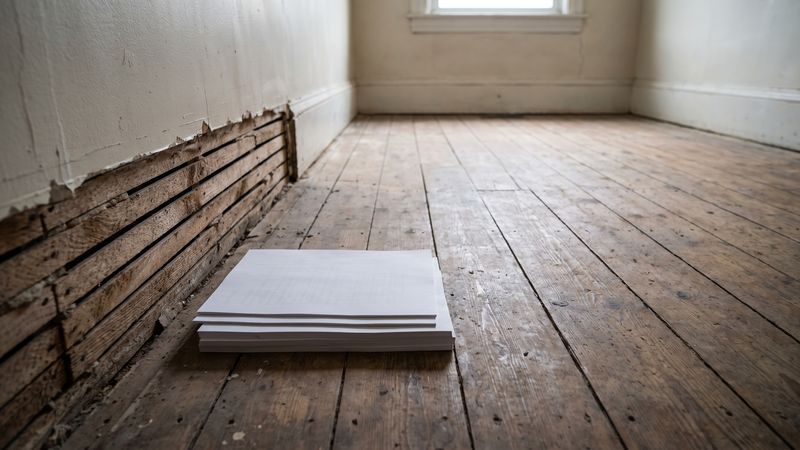 A squared stack of unmarked pages on bare floorboards below a row-house wall cut back to wood lath