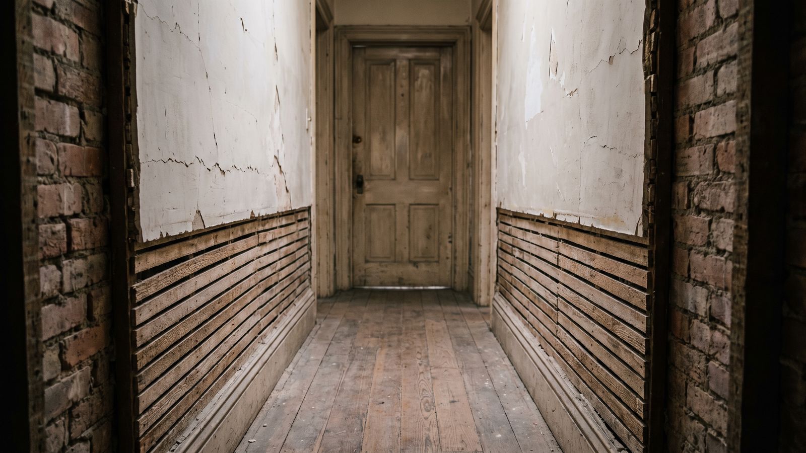 A narrow row-house hallway with plaster cut away at the base, exposing wood lath and brick behind it