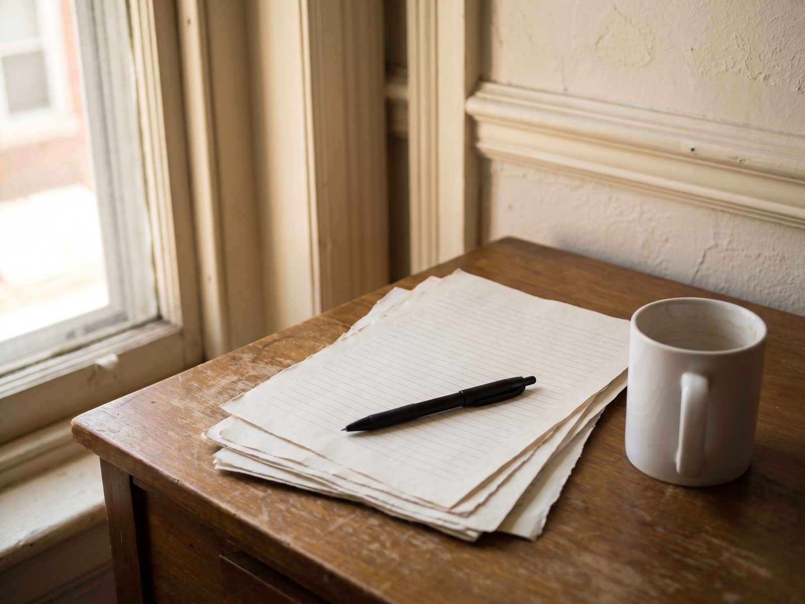 Notepad and pen on a desk by a window A ballpoint pen resting on a stack of blank lined paper on a wooden desk beside an empty mug, next to a window.