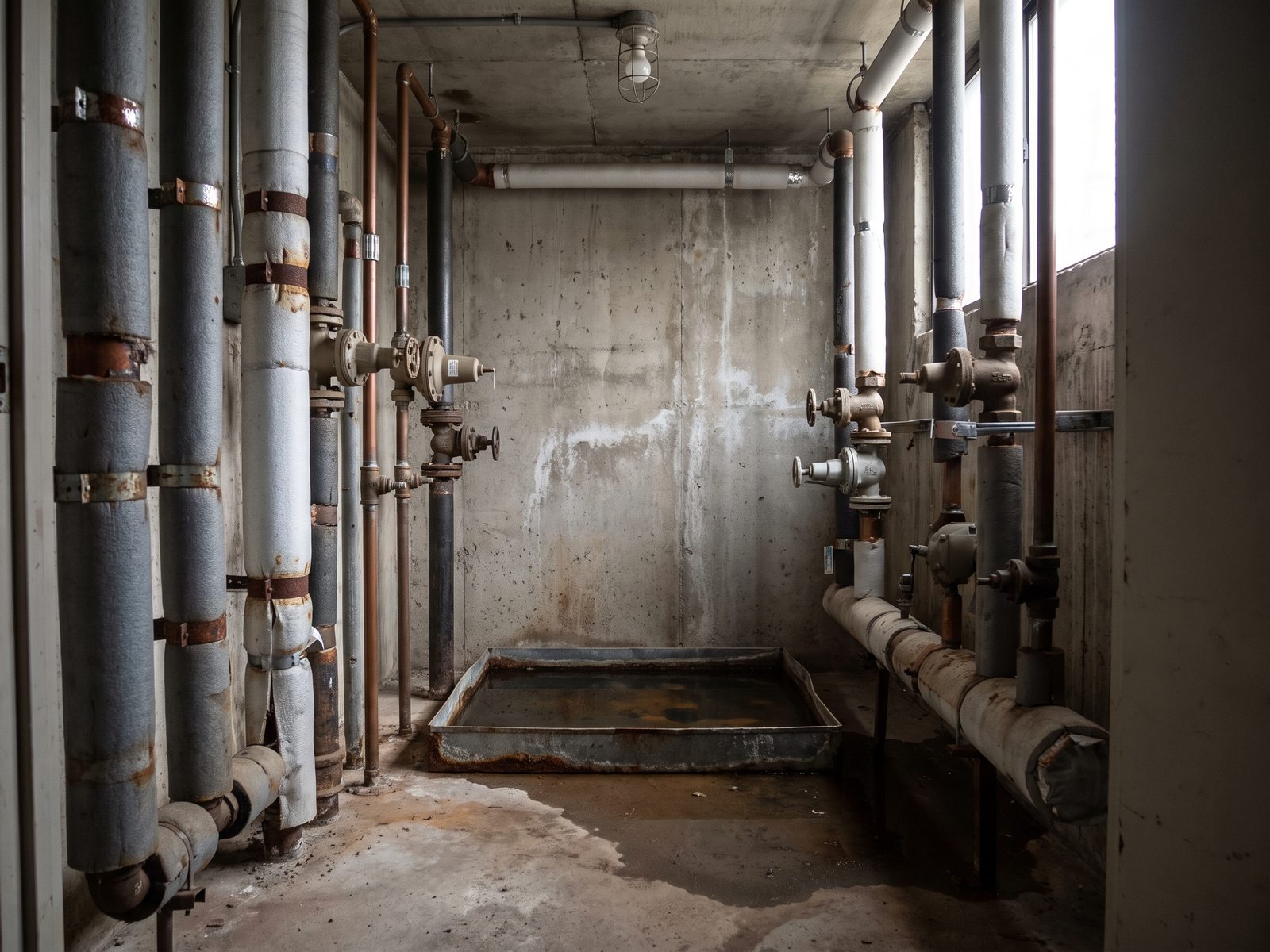 Standing water in a building riser closet Insulated pipes in a multi-unit mechanical riser closet with standing water in a drip pan below.