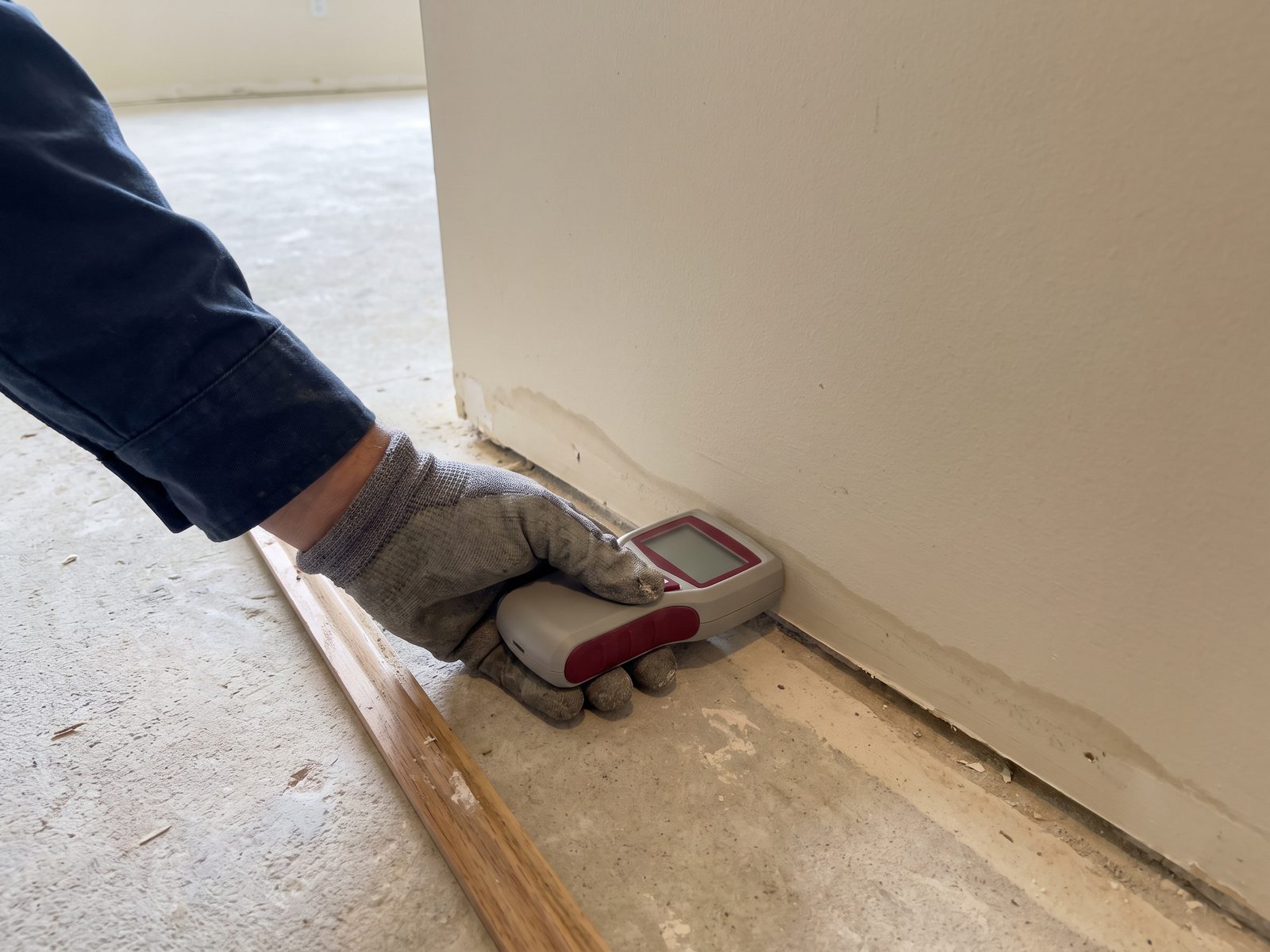 Moisture reading at the wall base after baseboard removal A moisture meter held against the base of a drywall partition where the baseboard has been removed.