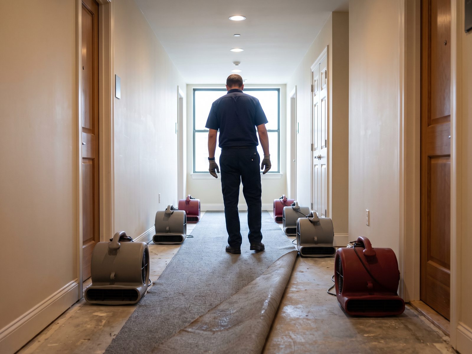 Drying a condominium common corridor Carpet pulled back in a condominium corridor with air movers spaced along the hallway between unit doors.