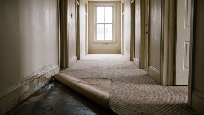 Carpet rolled back off wet concrete in a DC condo corridor, the common-element loss behind loss assessment coverage.