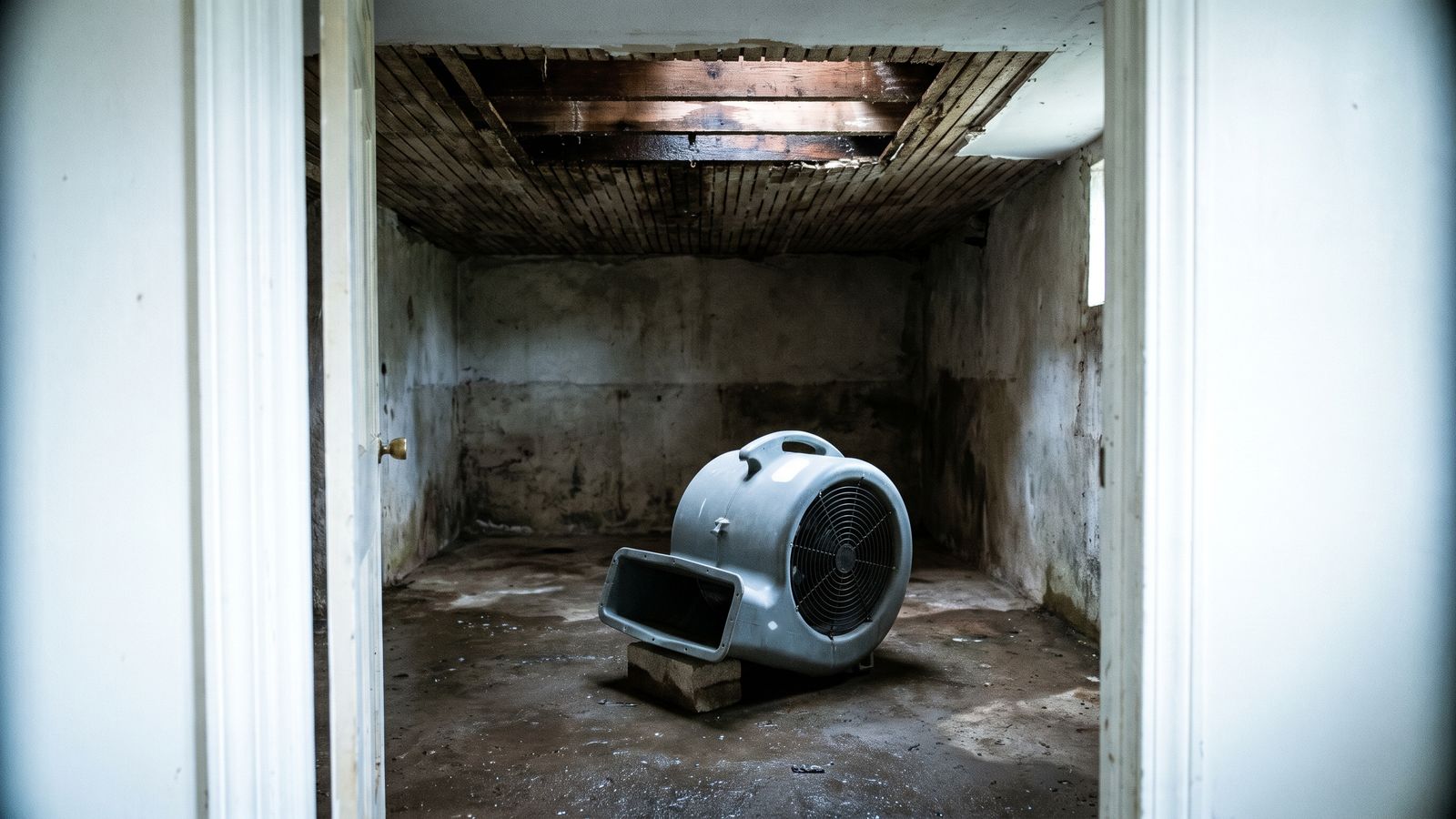 Centrifugal air mover staged for drying in a stripped basement below a ceiling opened to bare joists after water damage