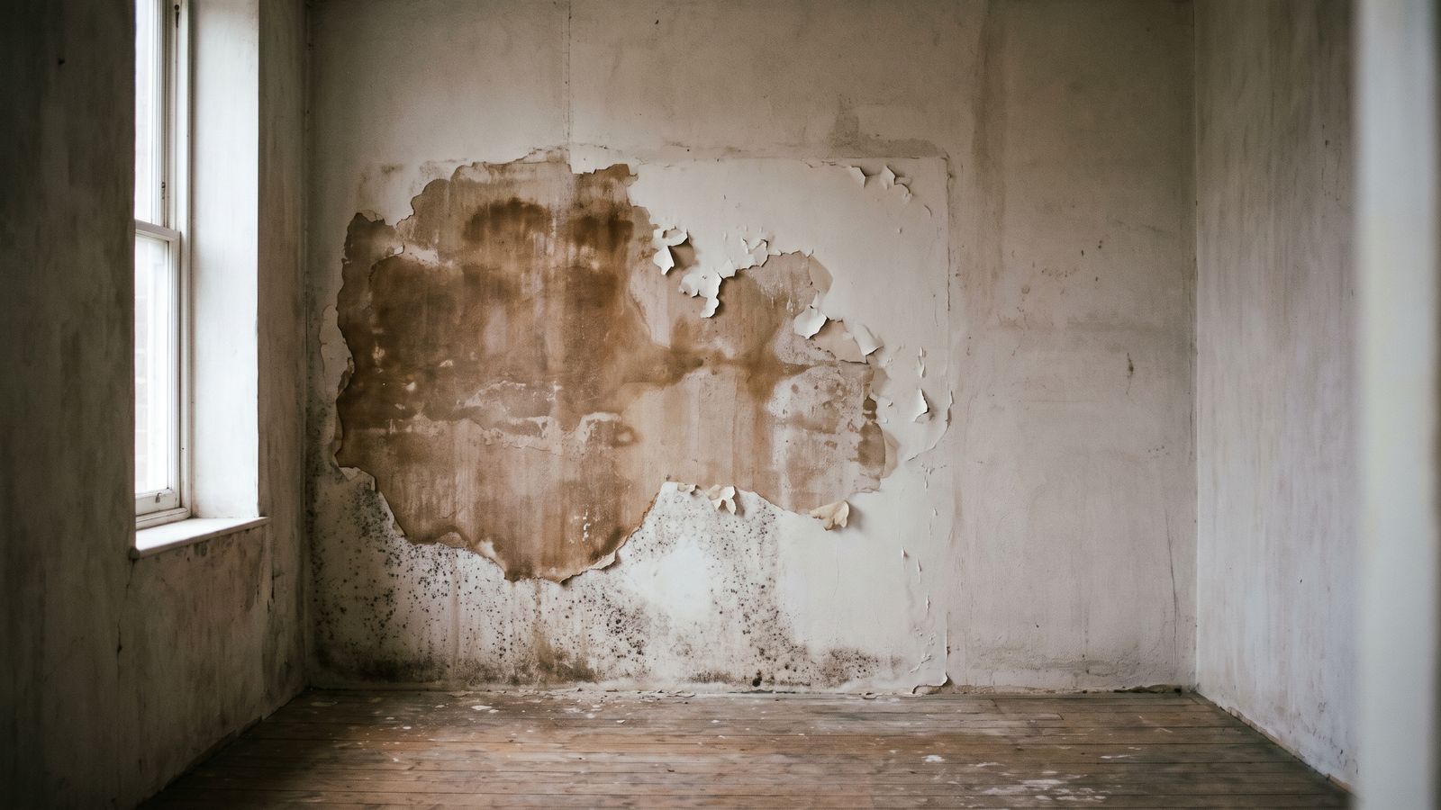 Blistered paint, a brown stain and black speckled mold on a plaster wall after water damage