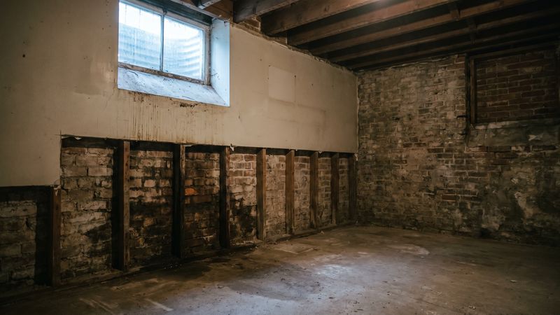 Cut-back plaster in a DC row-house basement exposing damp brick and dark mold staining after water damage