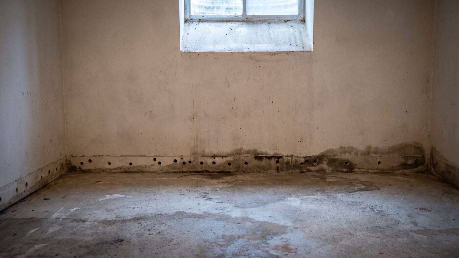 Drilled weep holes and a dark mold band along the base of a damp basement wall after water damage