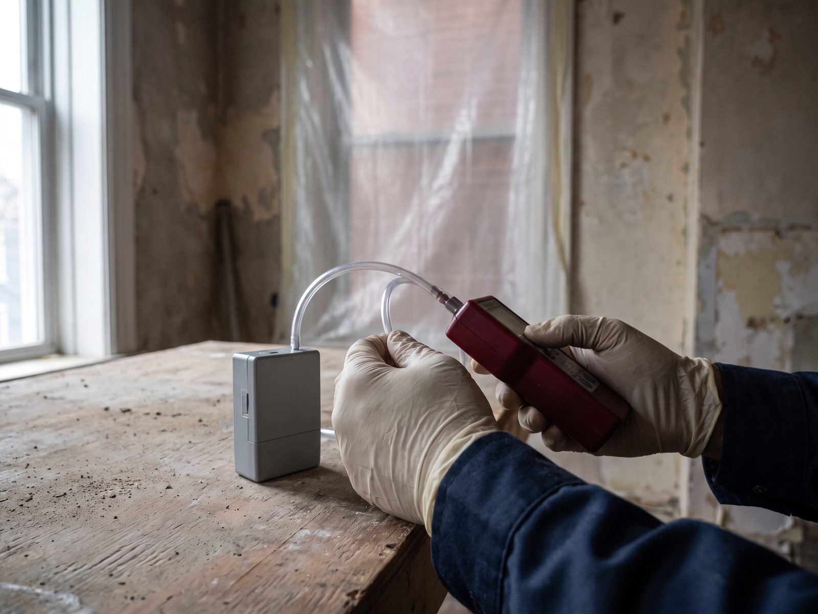 Air sample cassette and flow meter Gloved hands adjusting tubing between an air sample cassette and a calibrated flow meter on a clean surface.