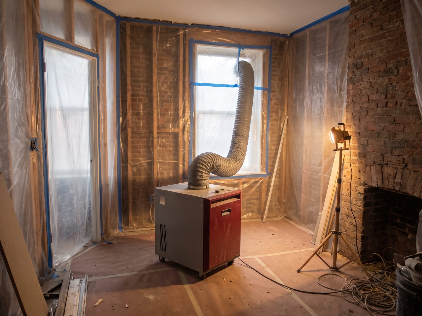 Negative air running during verification A negative air machine running inside a taped containment with ducting run out through a sealed window opening.