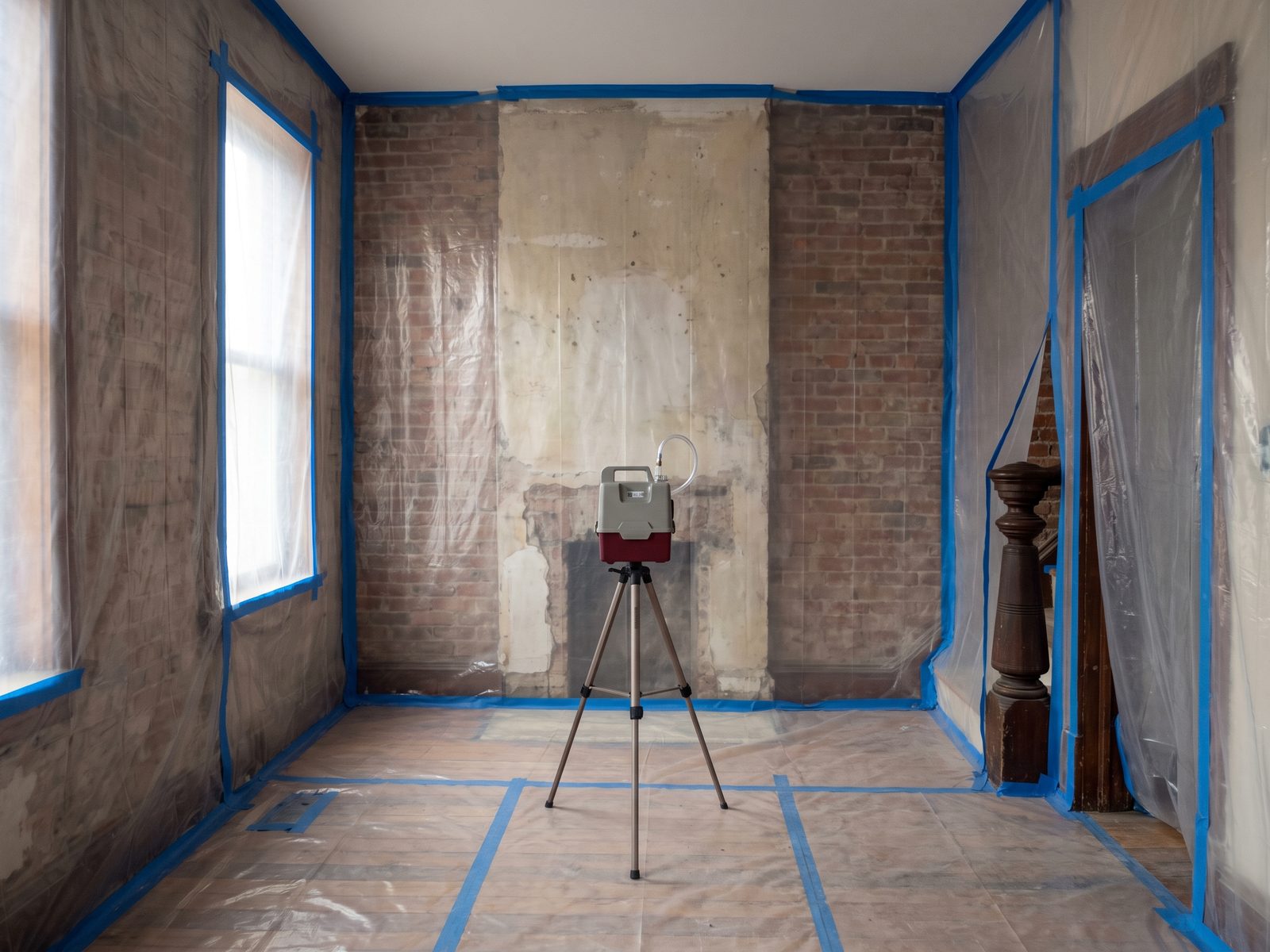 Air sampling pump inside a sealed containment Air sampling pump on a tripod in the center of a sealed, stripped remediation area with plastic wall coverings.