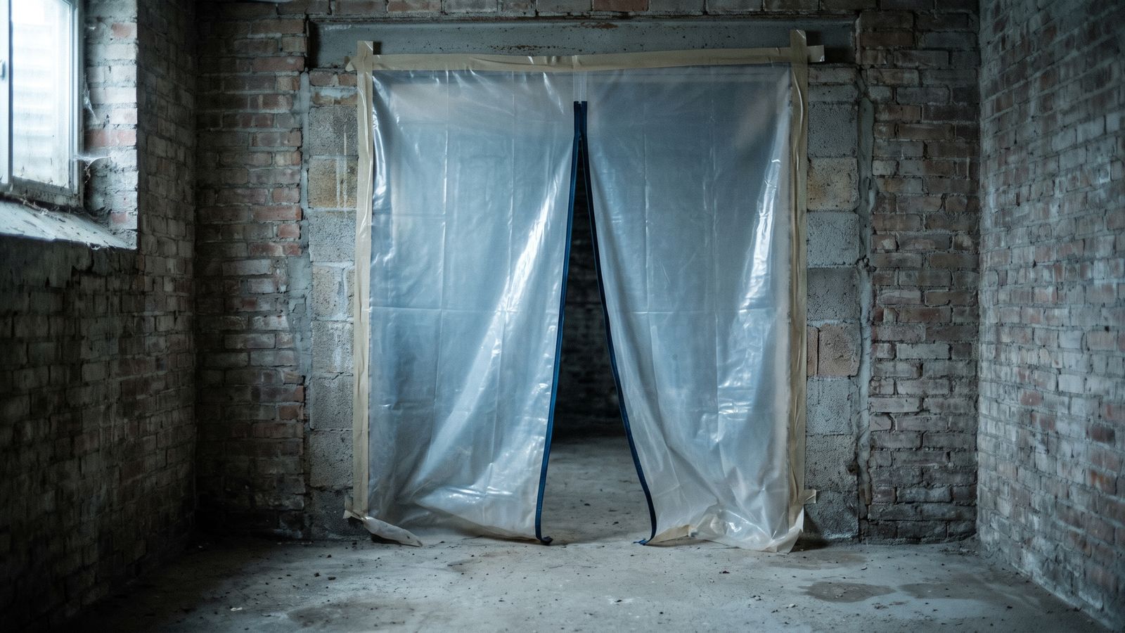 Containment sheeting across a basement doorway Mold remediation containment sheeting taped across a brick basement doorway, with a zippered entry down the middle.