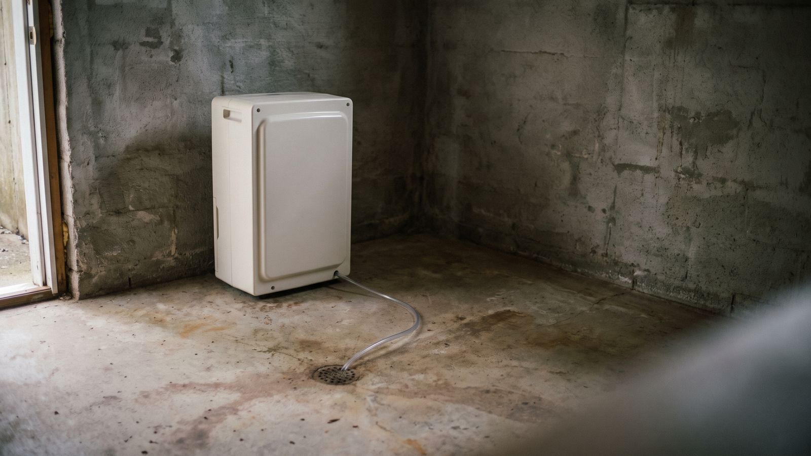 Basement dehumidifier draining to a floor drain Portable basement dehumidifier standing on a bare slab with a clear drain hose run to an open floor drain.