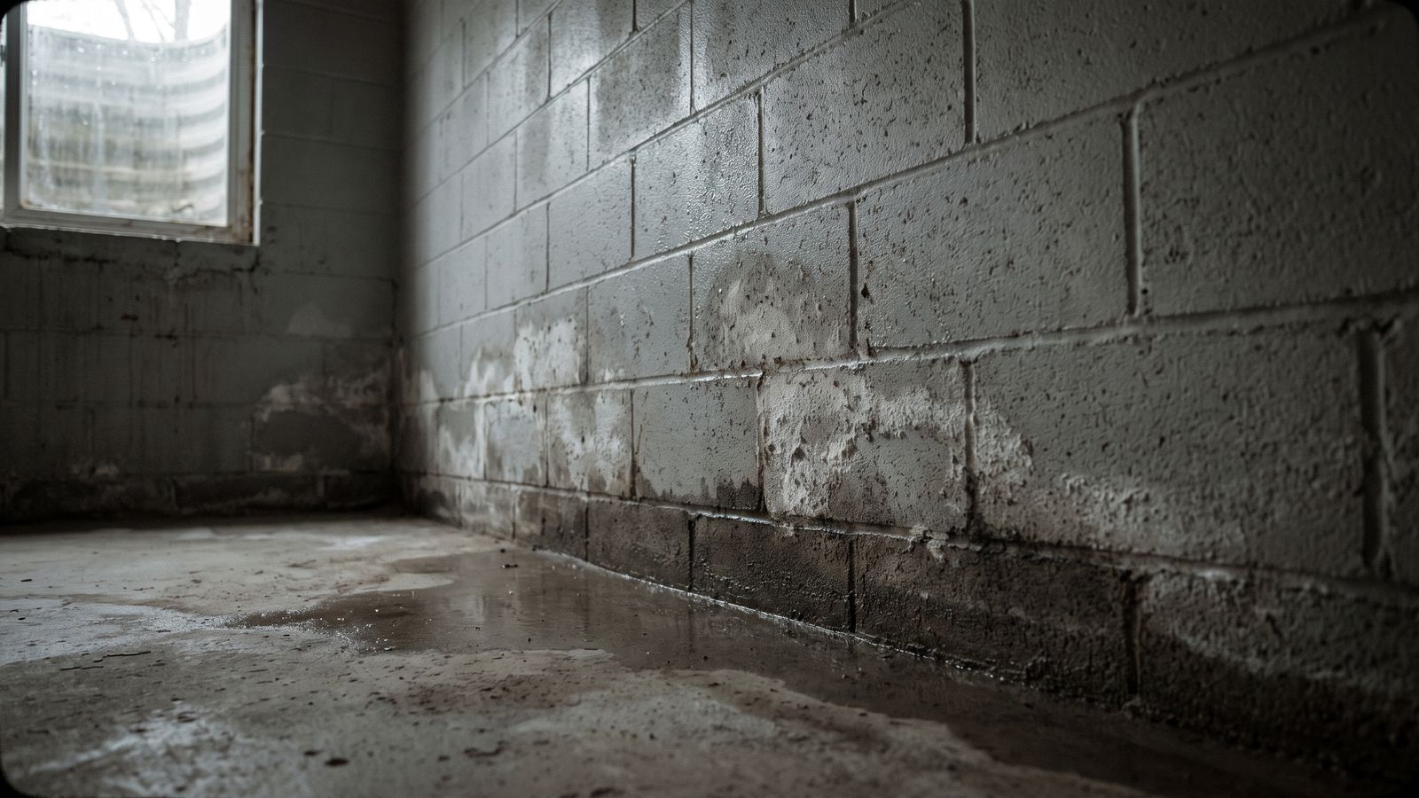 Efflorescence on a Below-Grade Block Wall White efflorescence and a damp tide line on a concrete block foundation wall, the mark of below-grade humidity.
