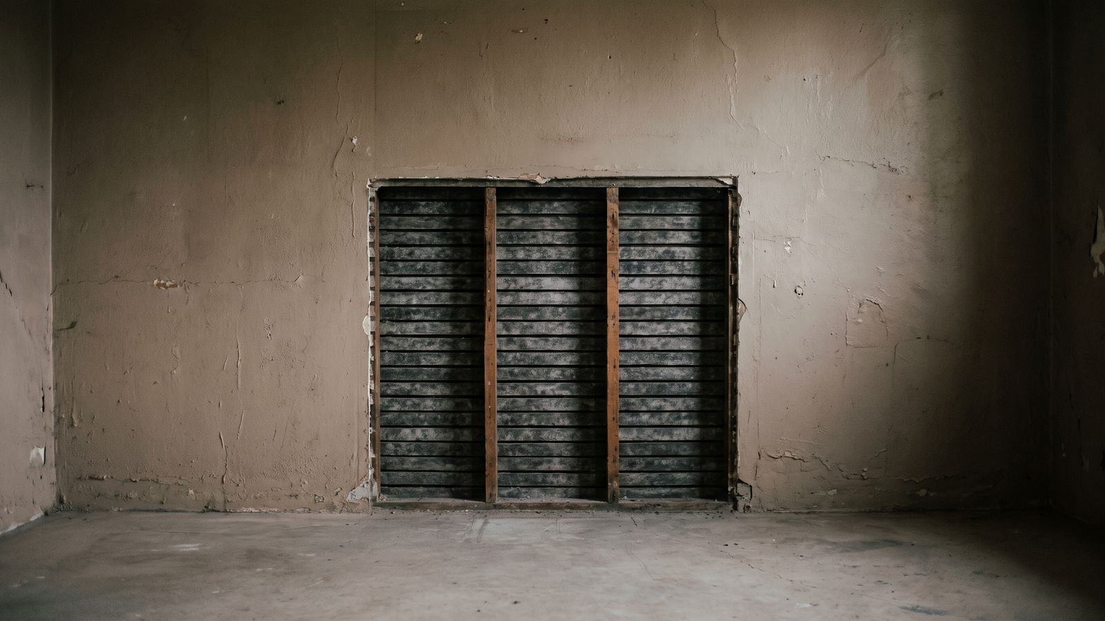 Mold-stained lath behind cut-away plaster Plaster and lath mold staining the wood slats exposed by a clean rectangular opening cut in a basement wall.