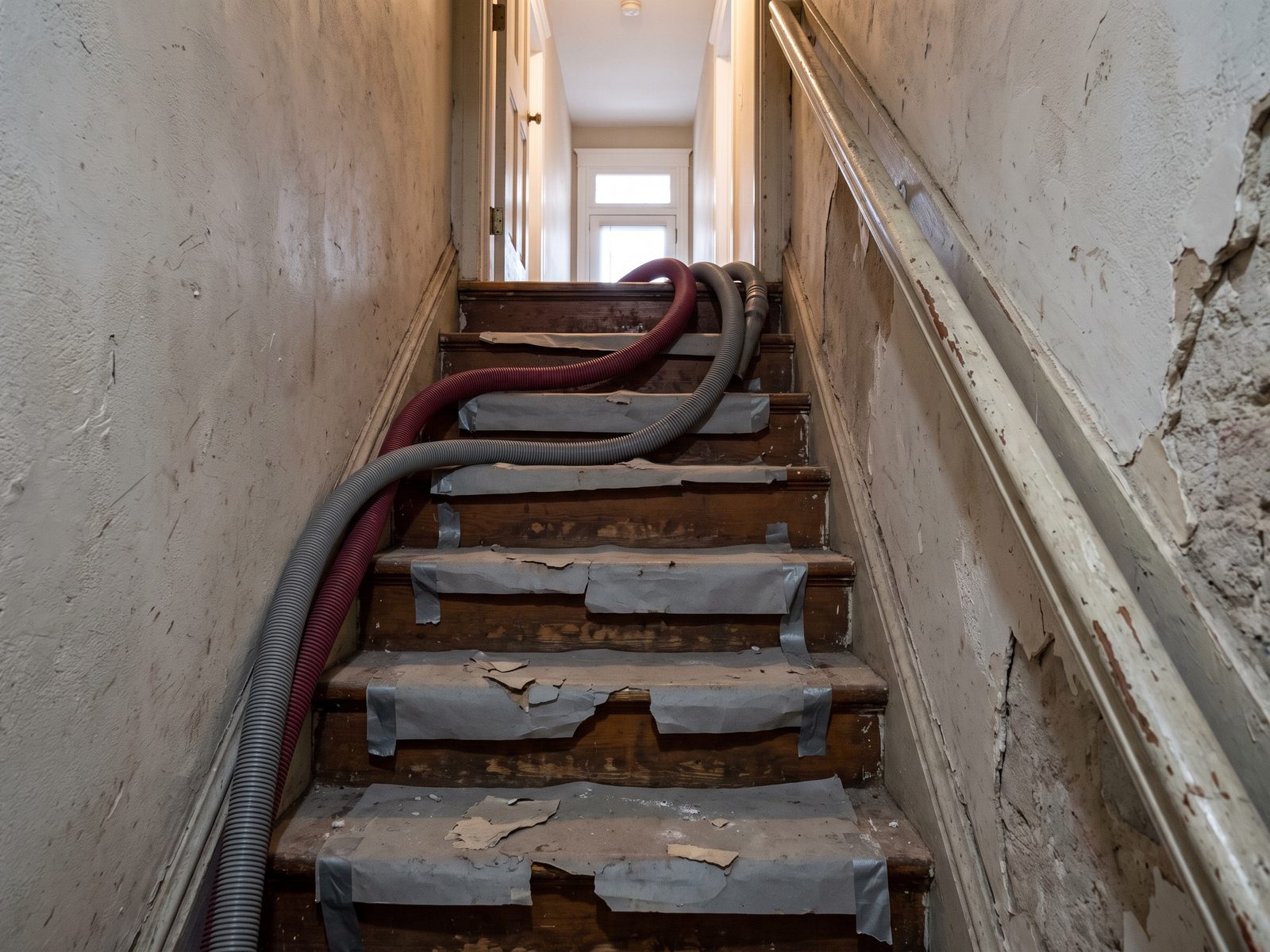 Equipment hoses run up a narrow basement stair Narrow, steep basement stair with equipment hoses run up the treads over protective step covering.