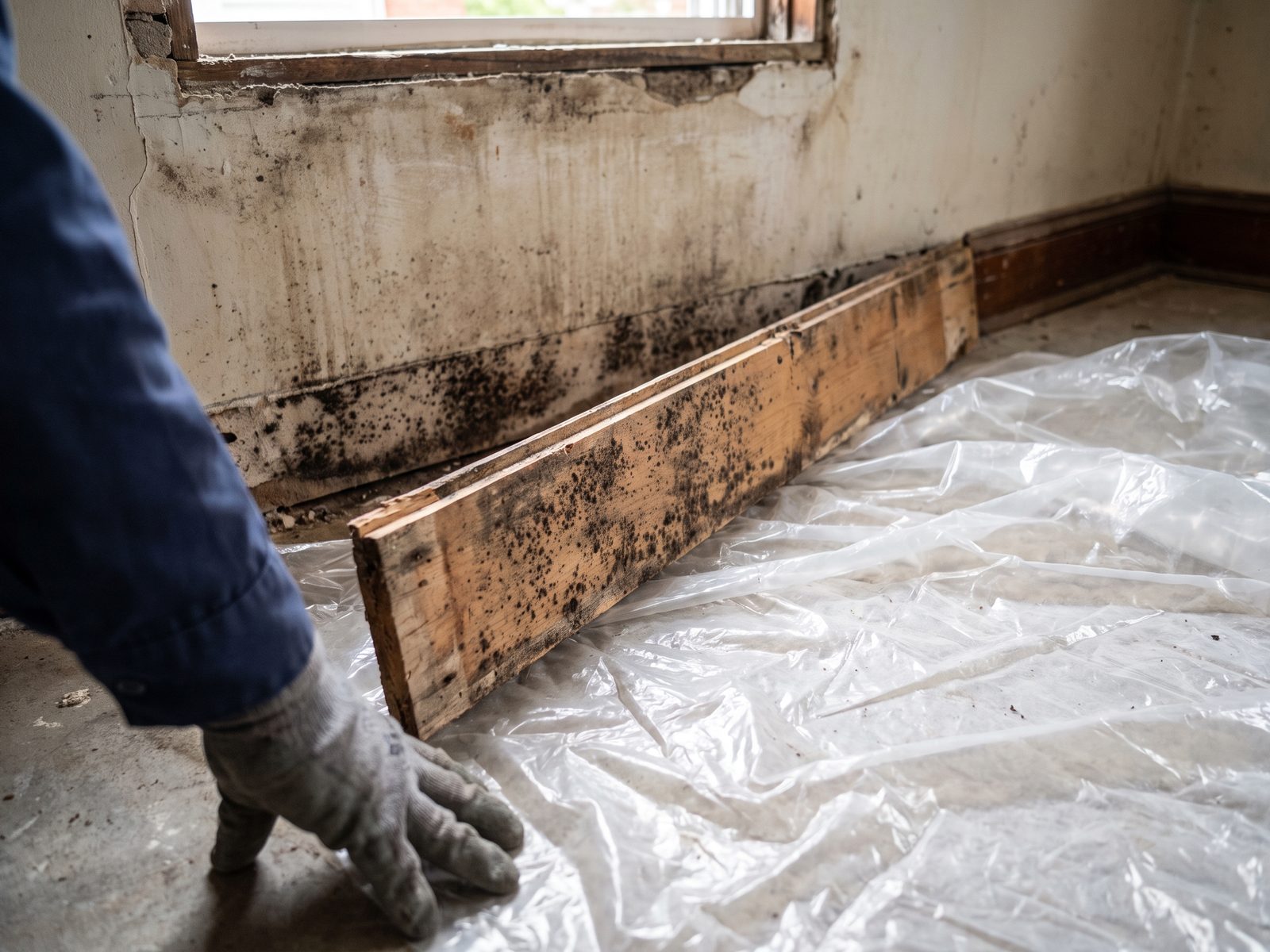 Growth on the back of a removed baseboard Surface growth visible on the back of a removed baseboard and the wall material behind it, laid out on protective sheeting.