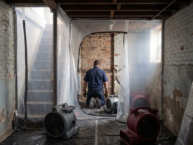 Mold remediation containment sheeting dividing a row-house basement, with air movers staged on the floor.