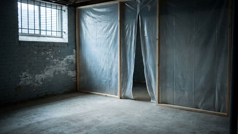 Mold remediation containment sheeting on a timber frame sealing off half an empty DC row-house basement.
