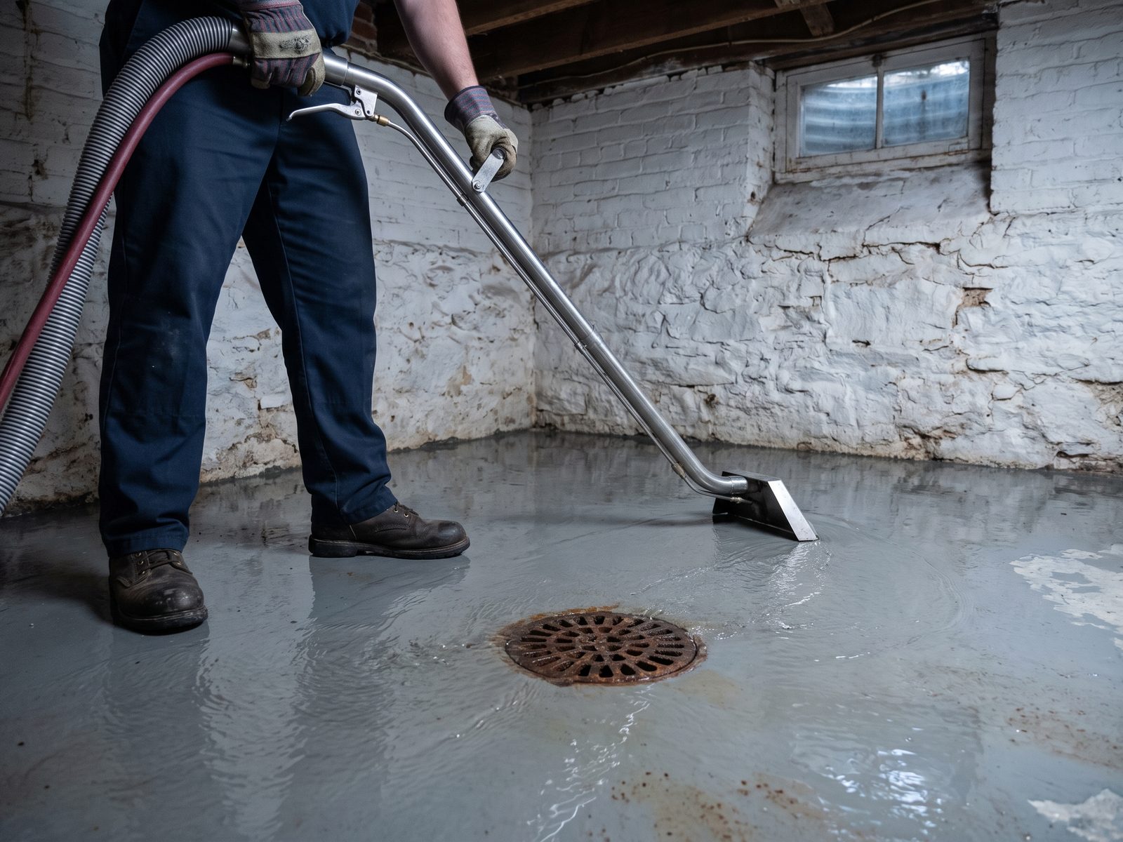 Extraction beside a backing-up basement floor drain Shallow grey water around a cast-iron basement floor drain as a technician works an extraction wand across the slab.