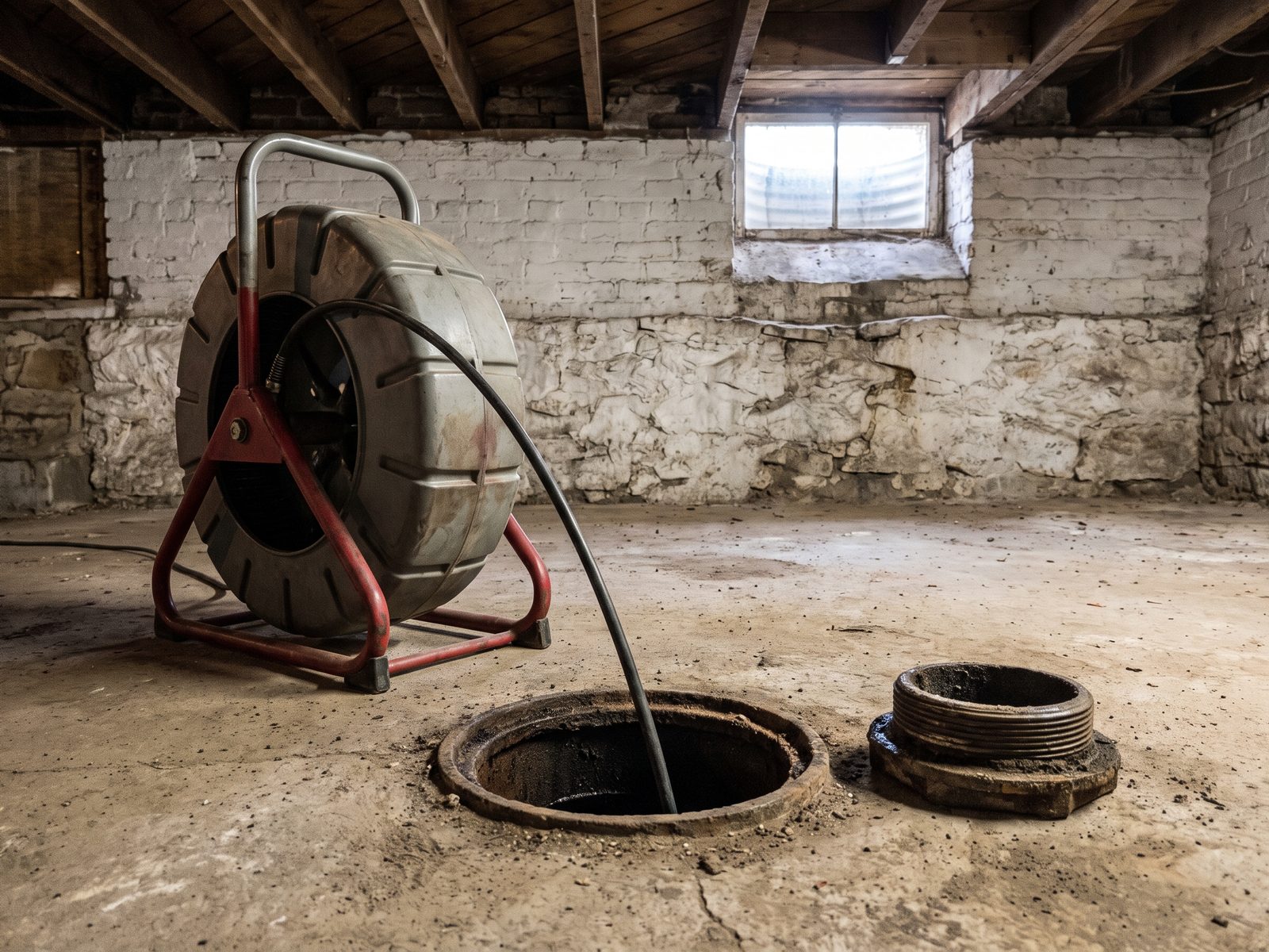 Cleanout access for a lateral camera run Open sewer cleanout in a basement floor with a drain camera reel beside it.