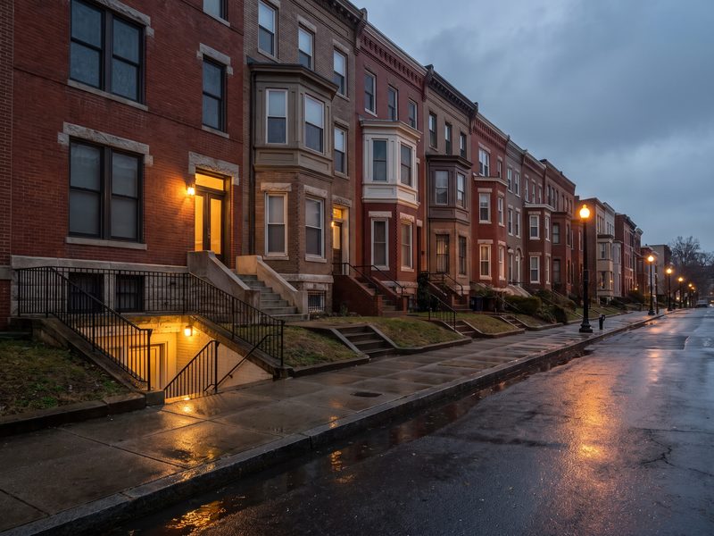 Rain standing in the gutter of a brick row-house block and pooling at the foot of a below-grade areaway stairway.
