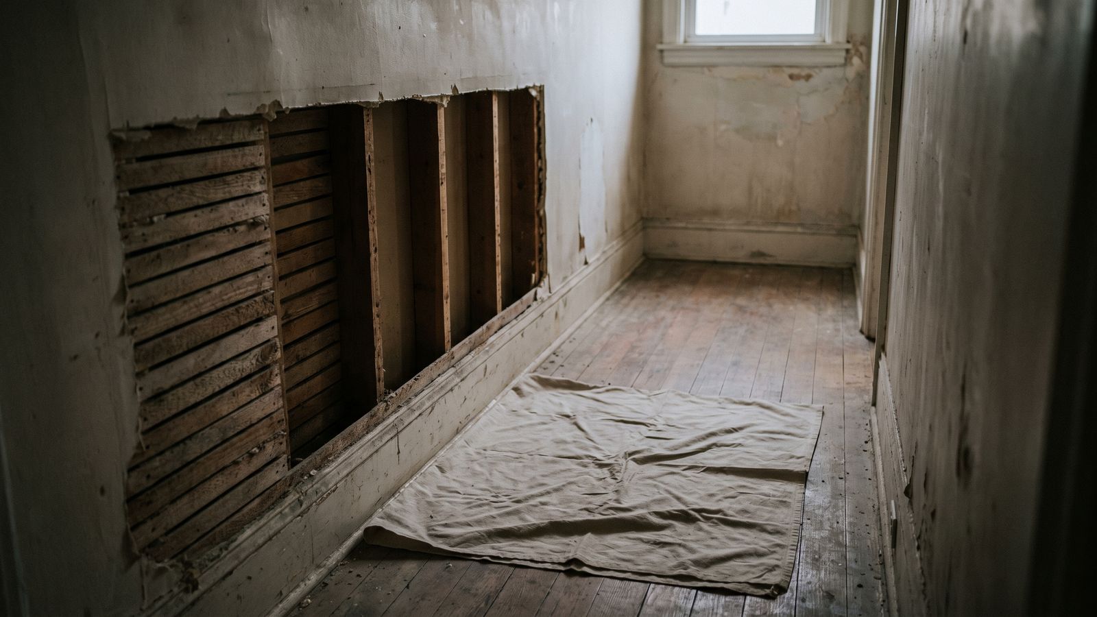 Plaster cut back to exposed wood lath along a narrow hallway wall, bare studs visible at the cut edge.