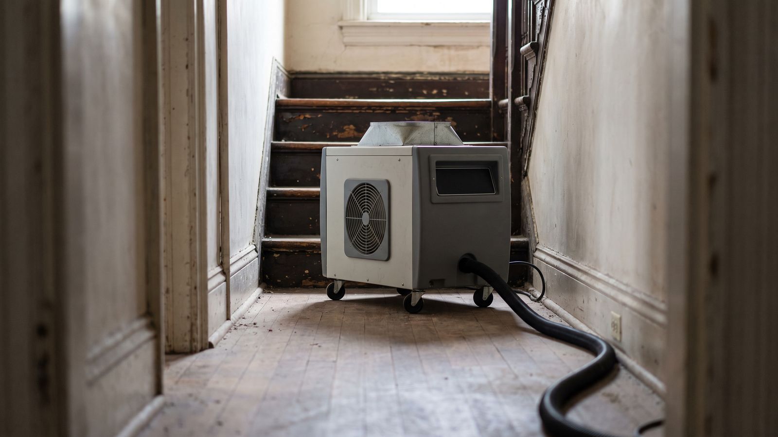 A single dehumidifier at the foot of a staircase with its drain hose run along the baseboard.