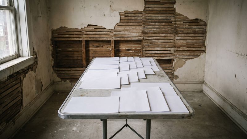 Loose unmarked white sheets laid out across a folding table in a stripped room with plaster broken to wood lath.