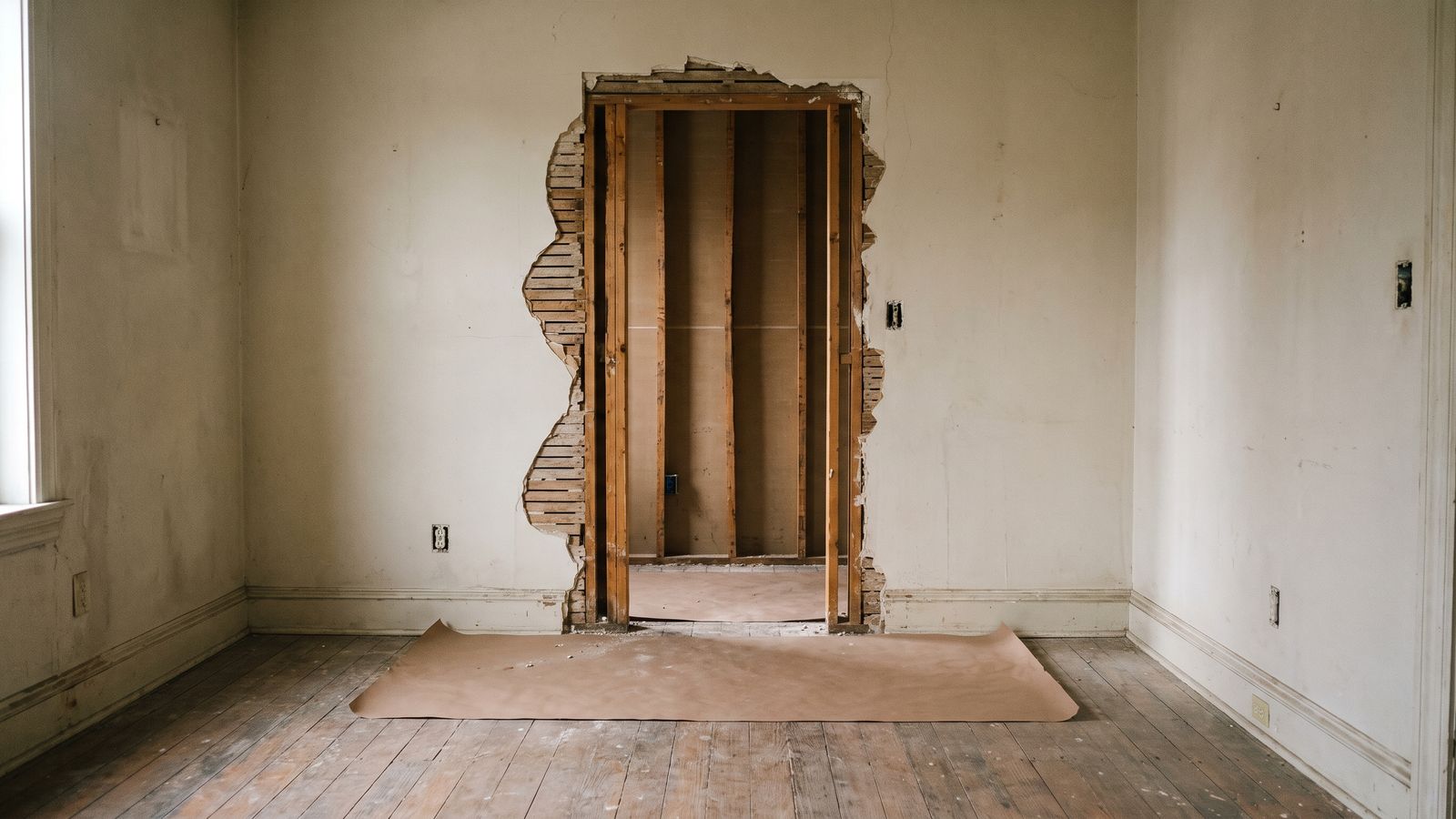 A jagged opening cut through a plaster wall exposing wood studs and framing, paper laid on the floor in front.