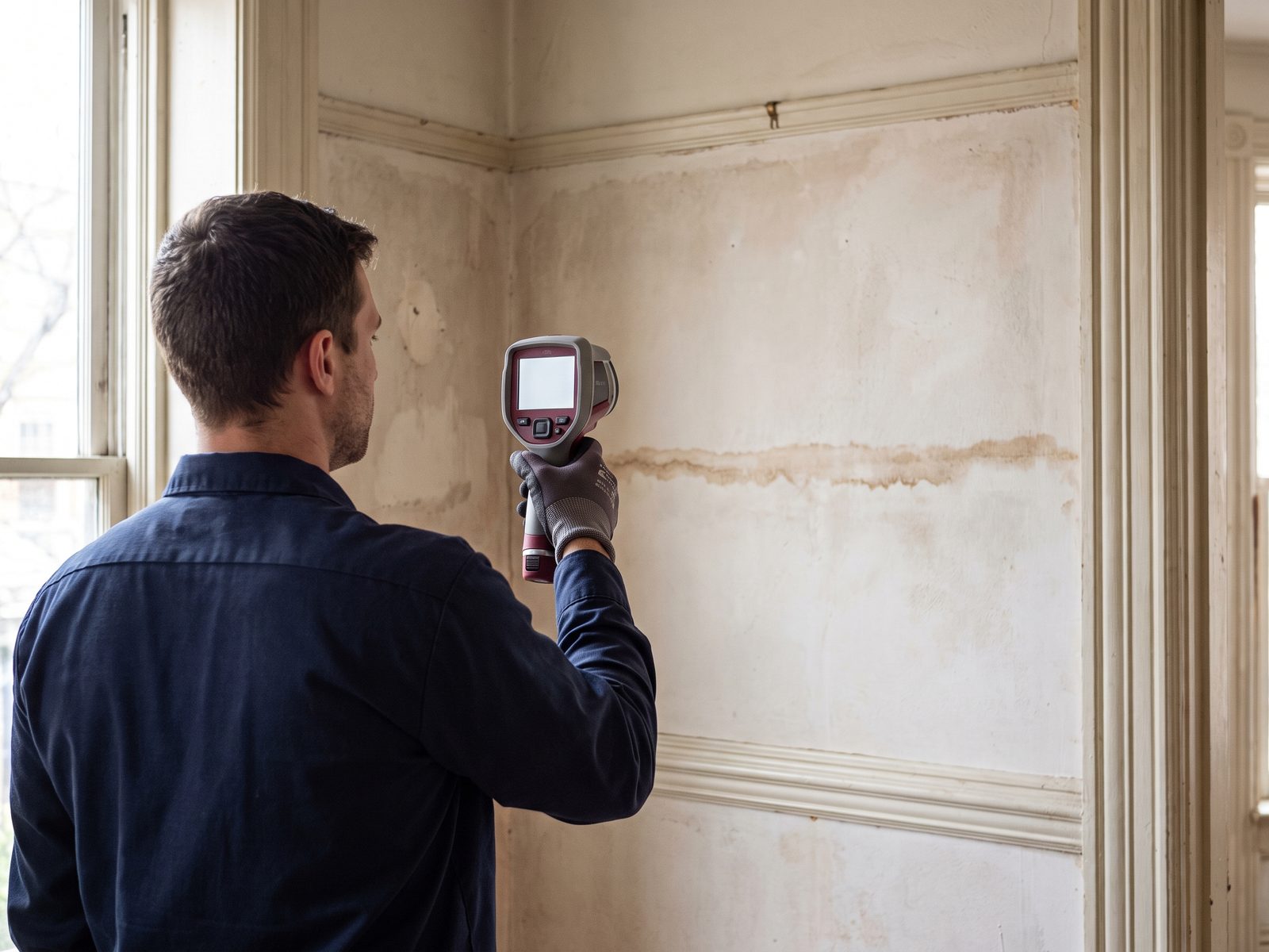 Thermal scan of a stained party wall Horizontal stain line across an interior plaster wall as a technician scans the surface with a thermal camera.