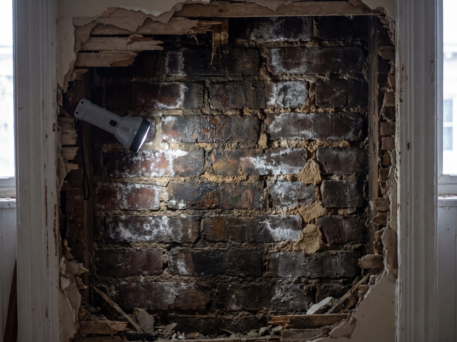 Damp brick behind opened plaster and lath Damp dark brick and crumbling mortar behind torn-away plaster and lath, lit by a handheld inspection light.