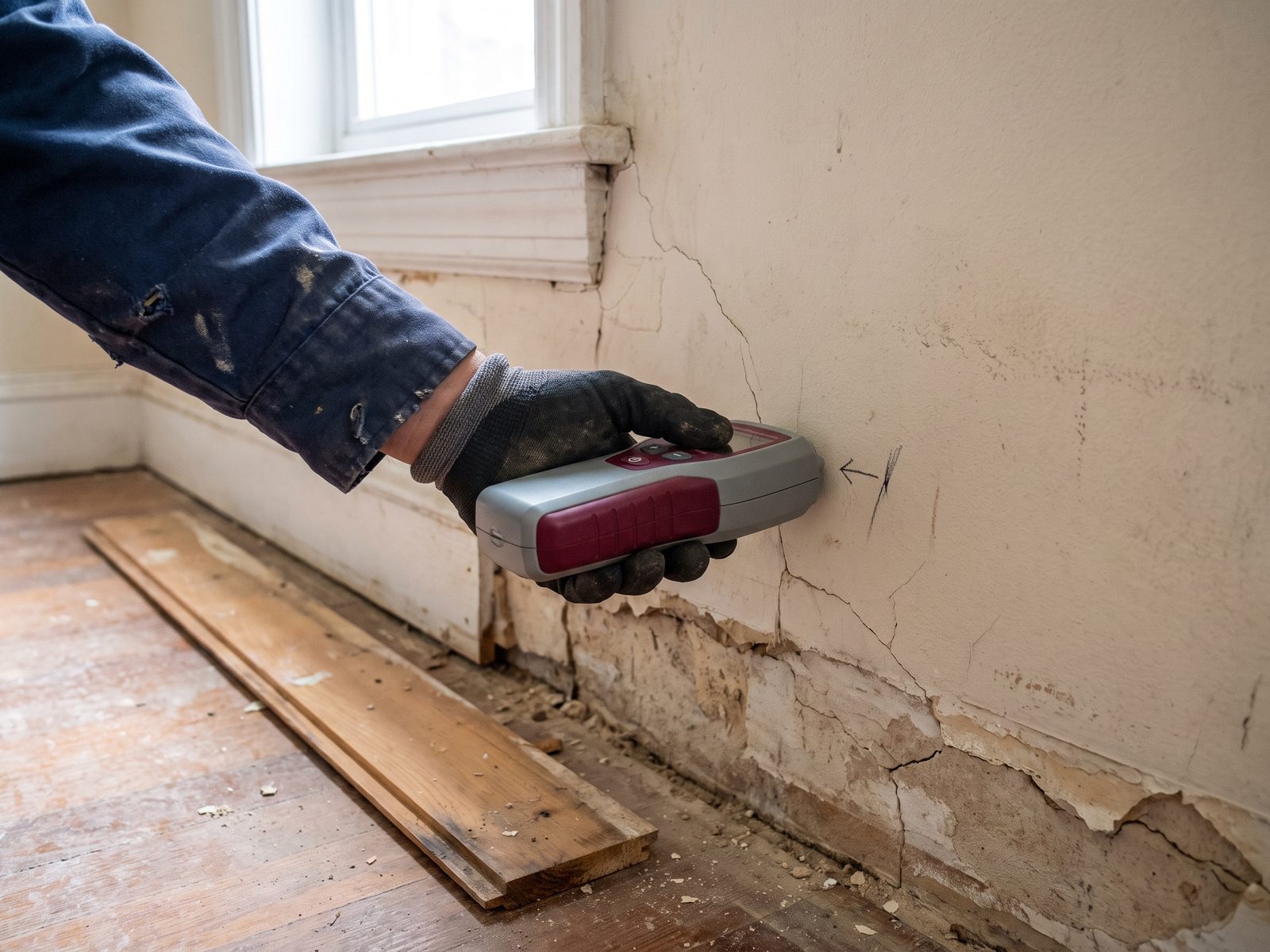 Moisture reading at the base of a shared wall Pinless moisture meter held against bare plaster beside a strip of removed baseboard at the foot of a shared wall.