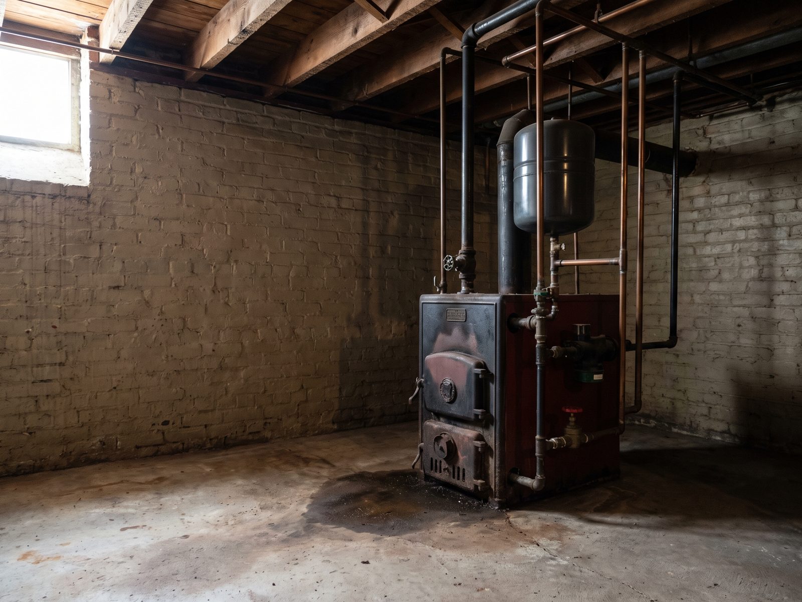 Basement boiler with damp slab beneath the risers Older residential boiler in an unfinished basement with copper risers into the joists and a damp patch on the concrete floor.