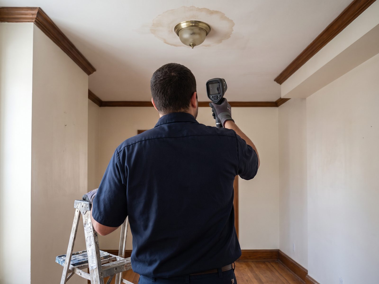 Thermal scan of a stained row-house ceiling Brown ring stain on a row-house ceiling around a light fixture as a technician scans the area with a thermal camera.