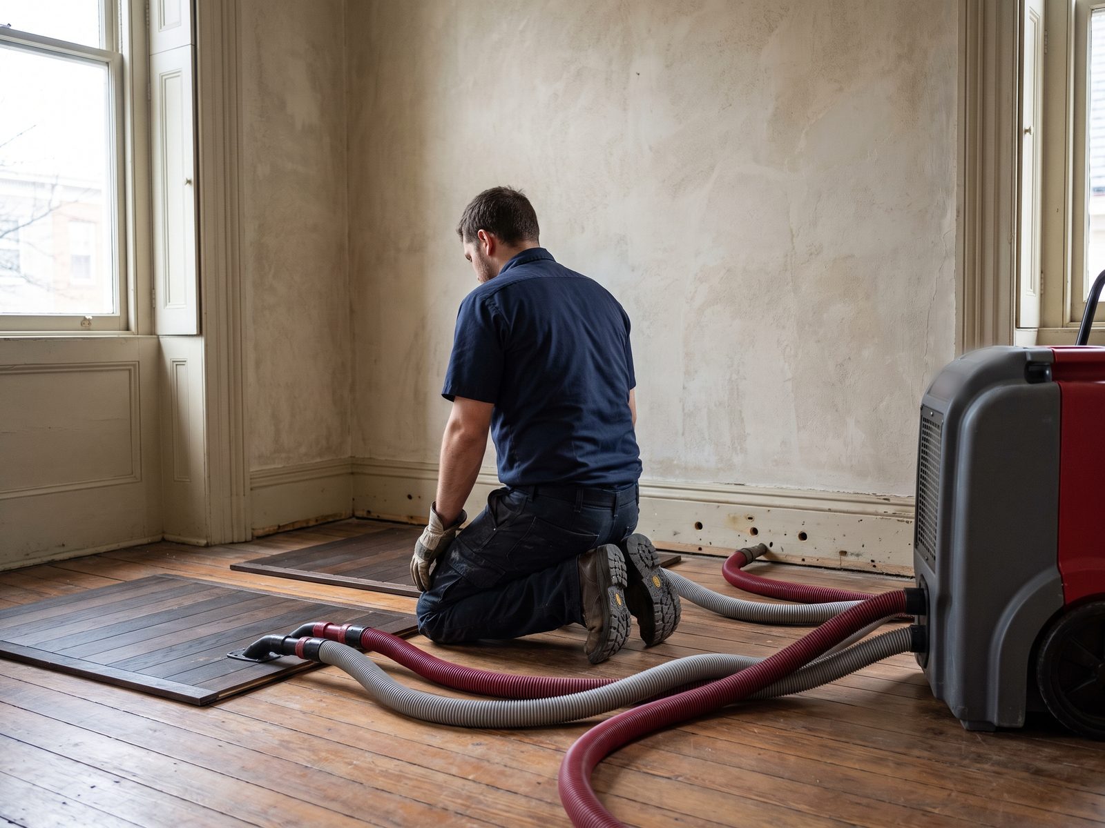 Drying a plaster cavity and heart-pine floor Drying mats on a heart-pine floor with the baseboard removed to dry the plaster wall cavity in a row house bedroom.
