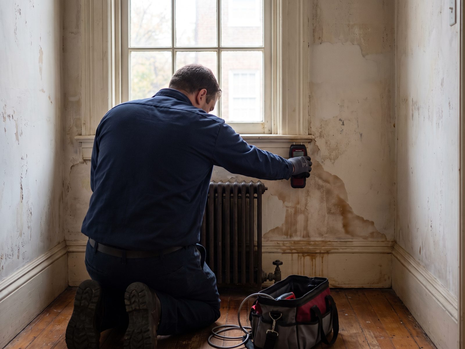 Radiator leak staining plaster in a DC row house Water staining on the plaster around a cast-iron radiator under a tall window, technician taking a moisture reading.